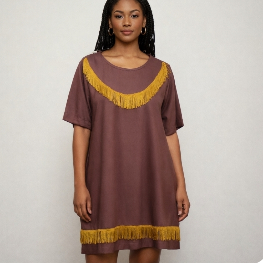 Brown Fringe Tunic Boho Dress